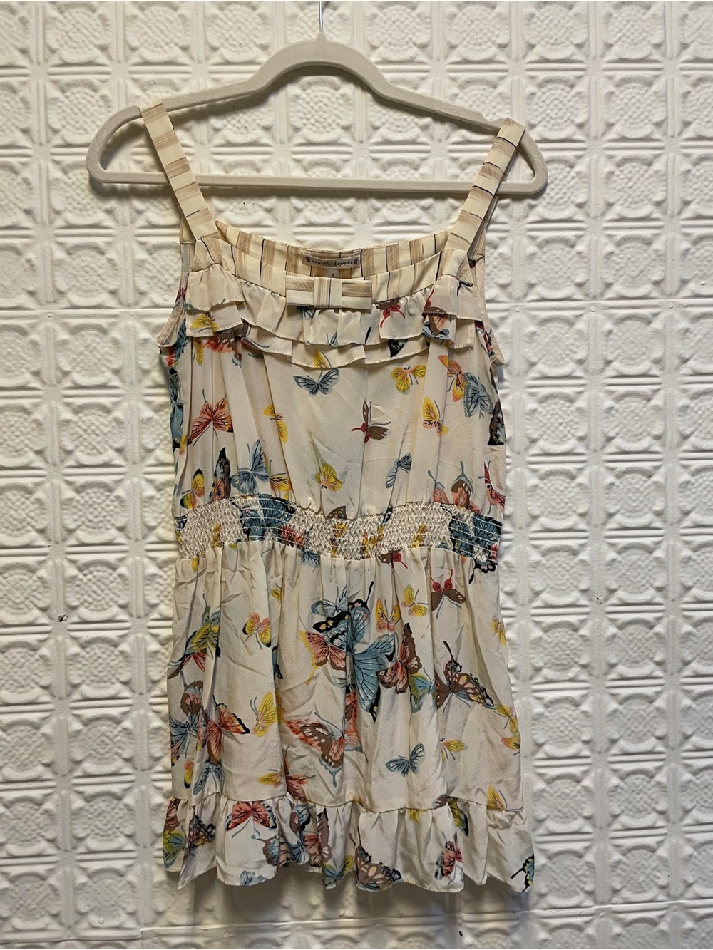 Vintage?  Nanette Lepore Cream Butterfly Print babydoll top with Ruffle Trim